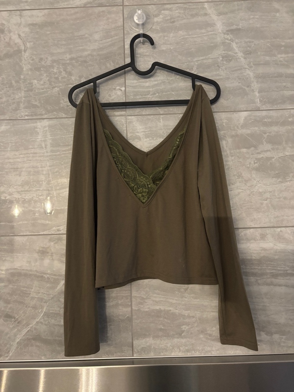 SHEIN Olive Green Lace-Trim Long Sleeve V-Neck Top